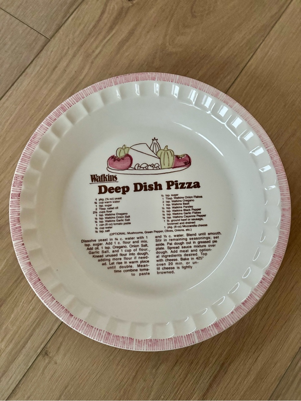 Vintage Watkins Deep Dish Pizza Recipe Ceramic Pie Plate Dish